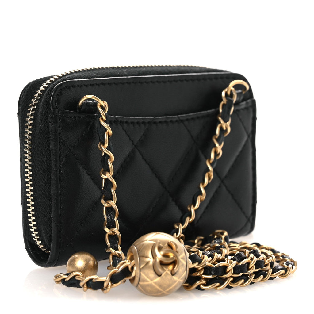 Lambskin Quilted CC Pearl Crush Zip  Holder On Chain Black