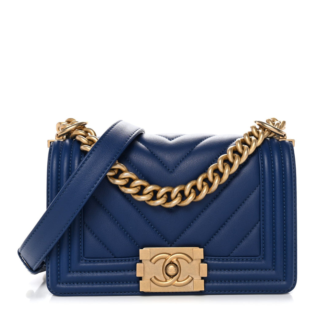 Calfskin Chevron Quilted Small Boy Flap Blue