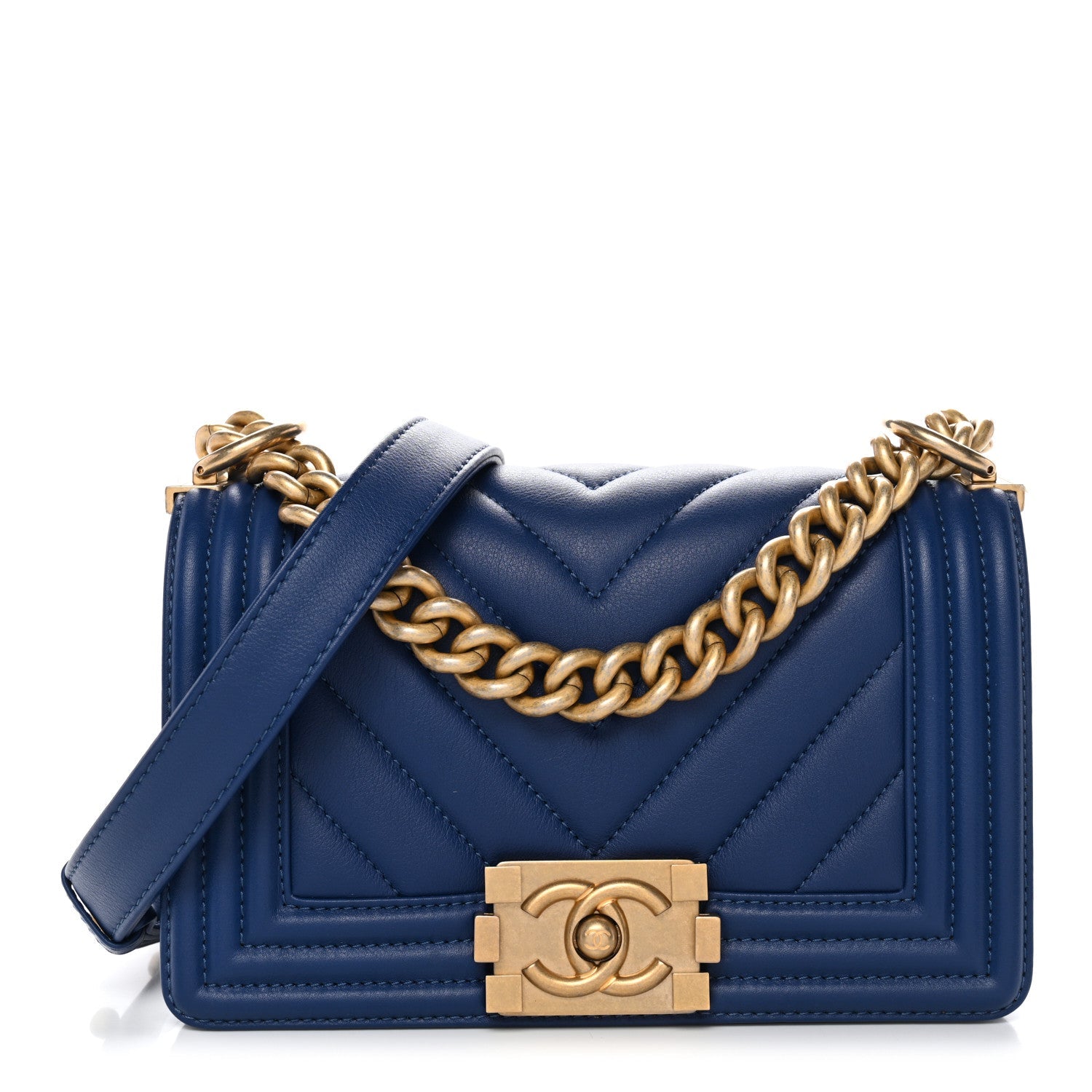 Calfskin Chevron Quilted Small Boy Flap Blue