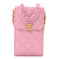 Lambskin Quilted Lacquered Chain Phone Holder With Chain Dark Pink
