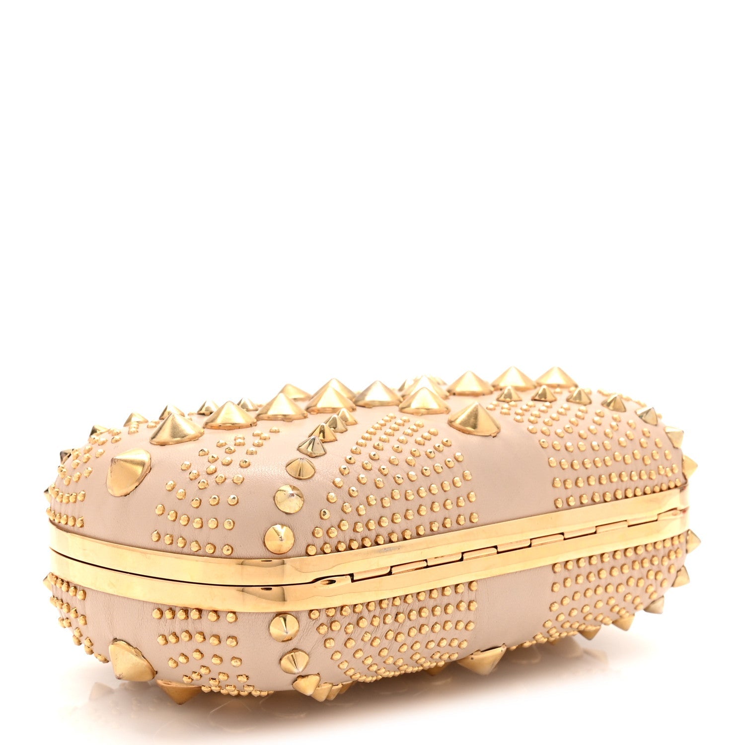 Calfskin Studded Britannia Skull Box Clutch Beige