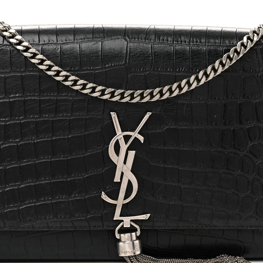 Calfskin Crocodile Embossed Medium Classic Monogram Kate Tassel Satchel Black