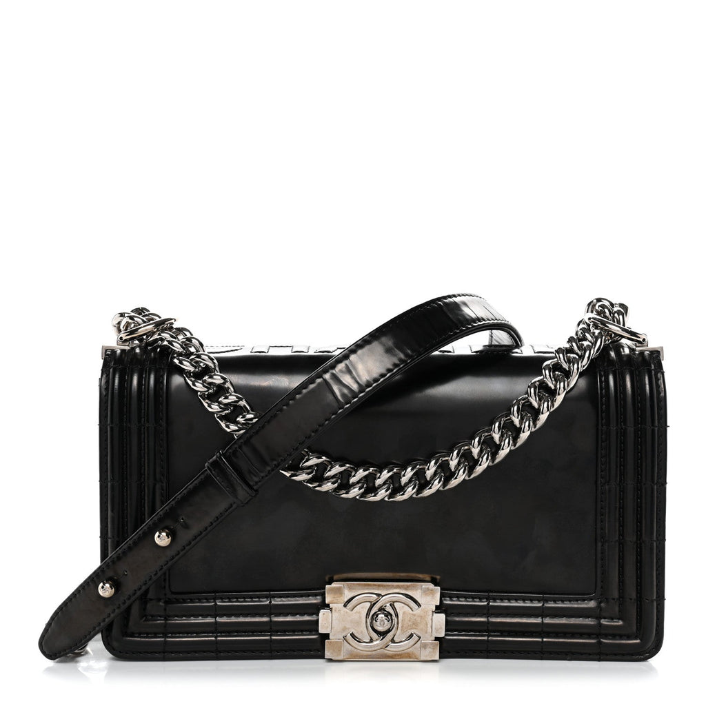 Glazed Calfskin Medium Boy Flap Black