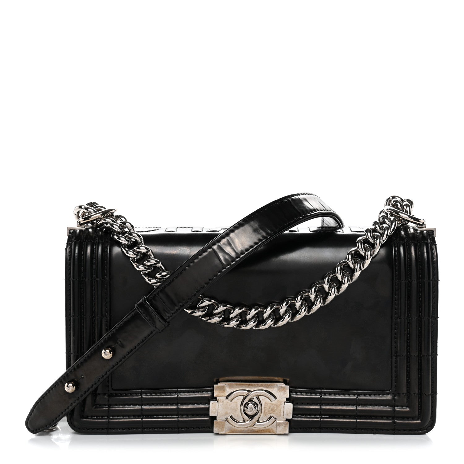 Glazed Calfskin Medium Boy Flap Black