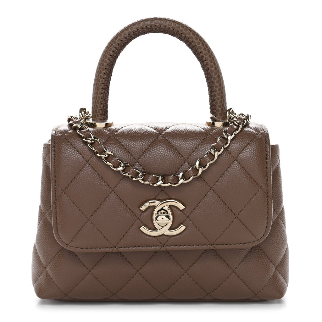 Caviar Lizard Embossed Quilted Coco Handle Clutch With Chain Brown