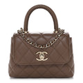 Caviar Lizard Embossed Quilted Coco Handle Clutch With Chain Brown