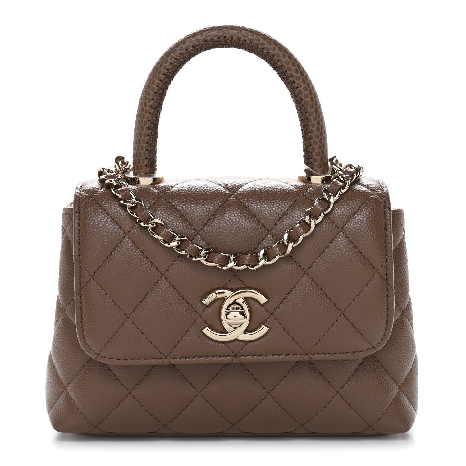 Caviar Lizard Embossed Quilted Coco Handle Clutch With Chain Brown