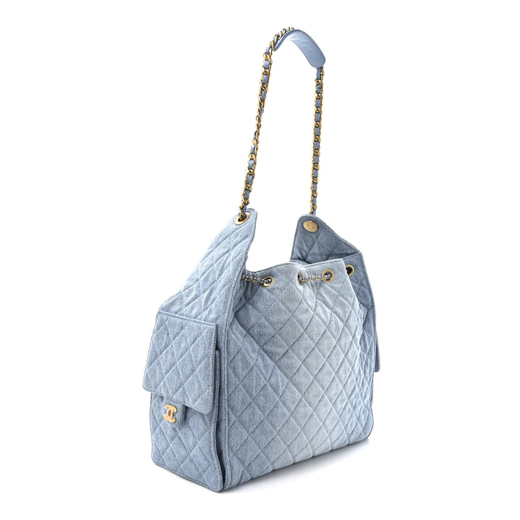 Washed Denim Quilted Medium Chanel 25 Handbag Blue