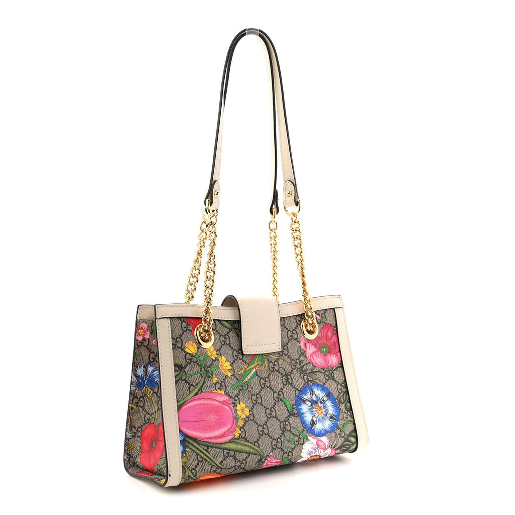 GG Supreme Monogram Flora Textured Calfskin Small Padlock Tote Beige Ebony Multicolor Mystic White