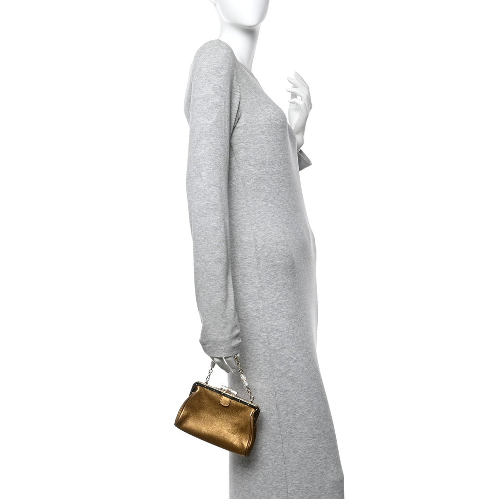 Metallic Grained Calfskin Crystal Frame Evening Bag Bronze