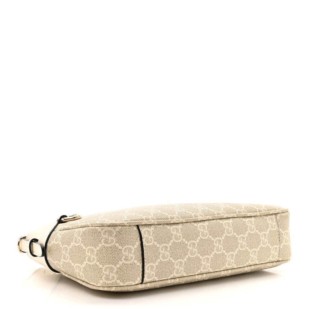 GG Supreme Monogram Textured Calfskin Small Emblem Shoulder Bag Beige Mystic White
