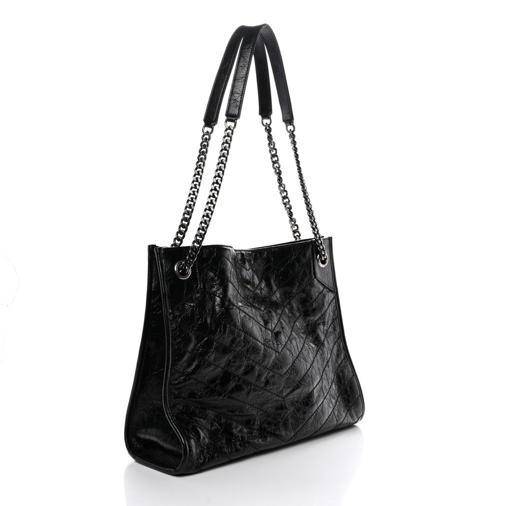 Crinkled Calfskin Matelasse Monogram Medium Niki Shopper Tote Black