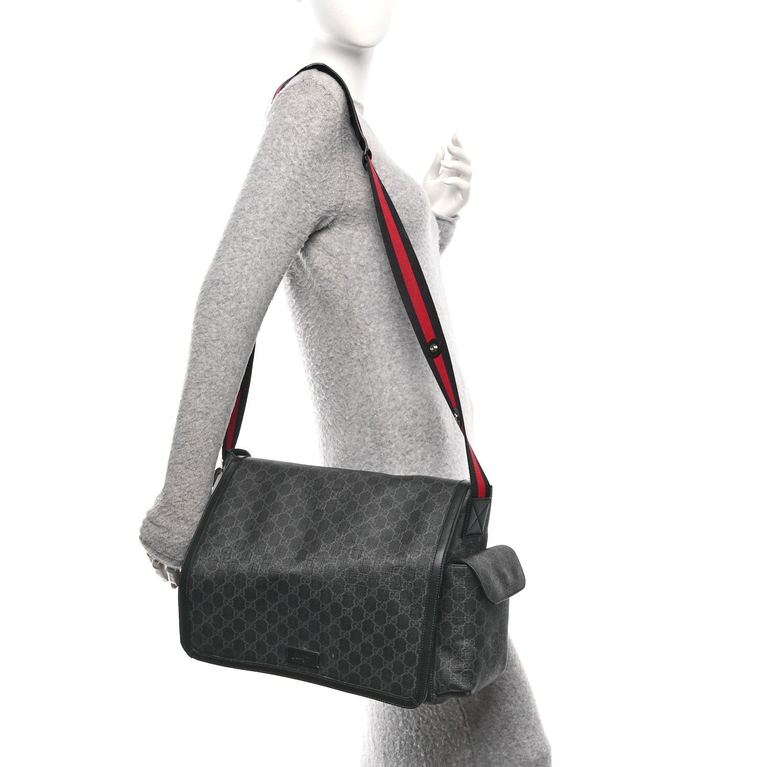 GG Supreme Monogram Web Messenger Diaper Bag Black Grey
