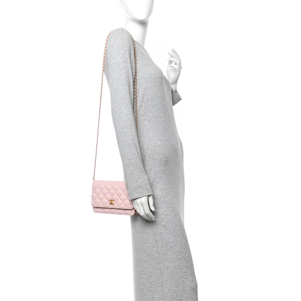 Lambskin Quilted CC Pearl Crush Wallet on Chain WOC Light Pink