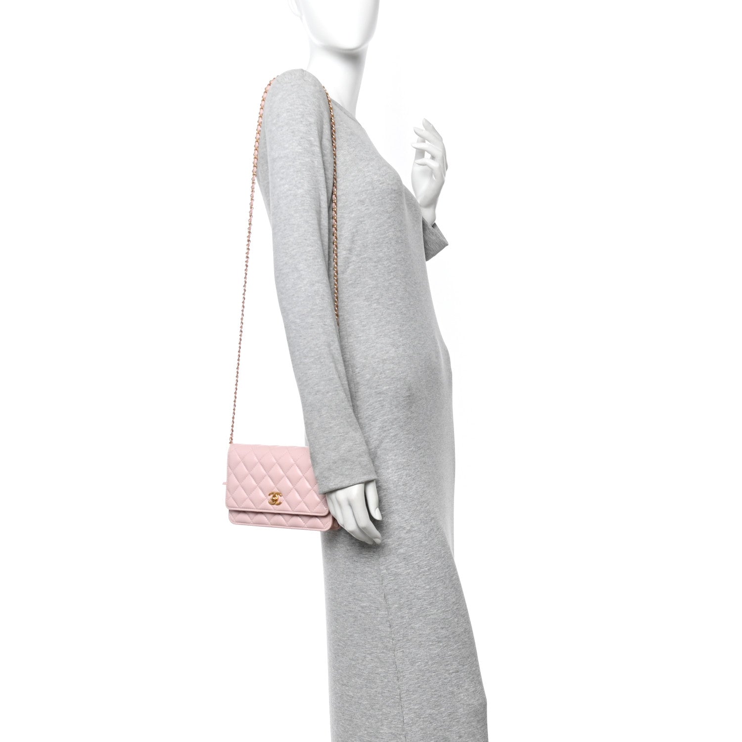Lambskin Quilted CC Pearl Crush Wallet on Chain WOC Light Pink