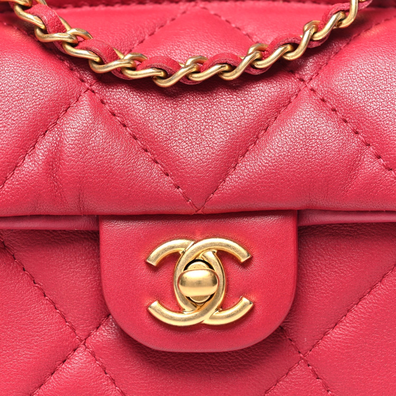 Calfskin Quilted Lady Handle Flap  Holder With Chain Dark Pink