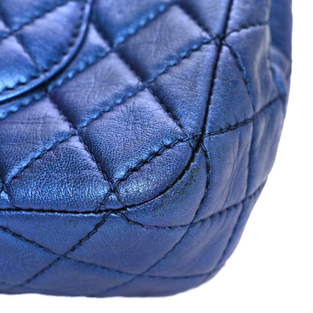 Metallic Lambskin Quilted Medium Double Flap Turquoise