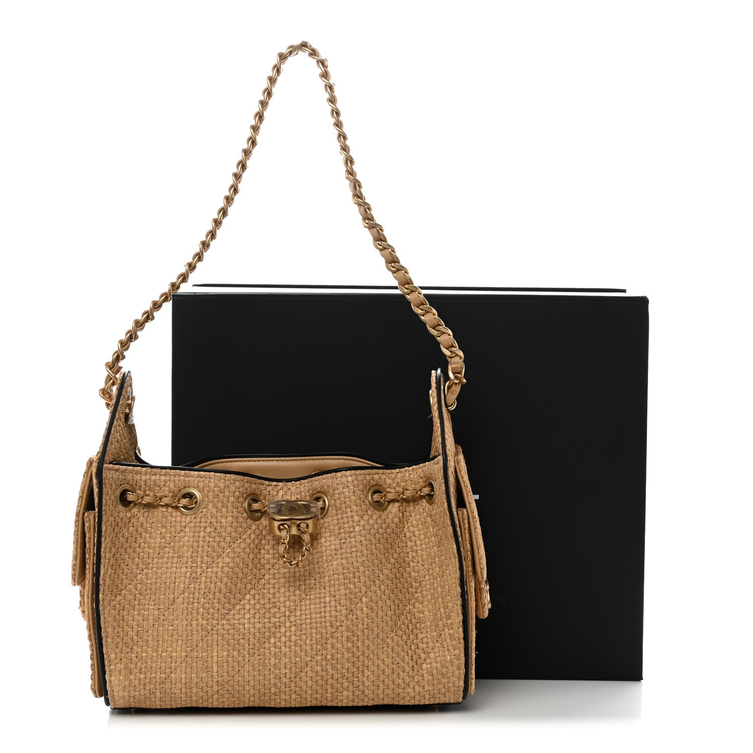 Braided Raffia Calfskin Quilted Mini Chanel 25 Handbag Beige Black