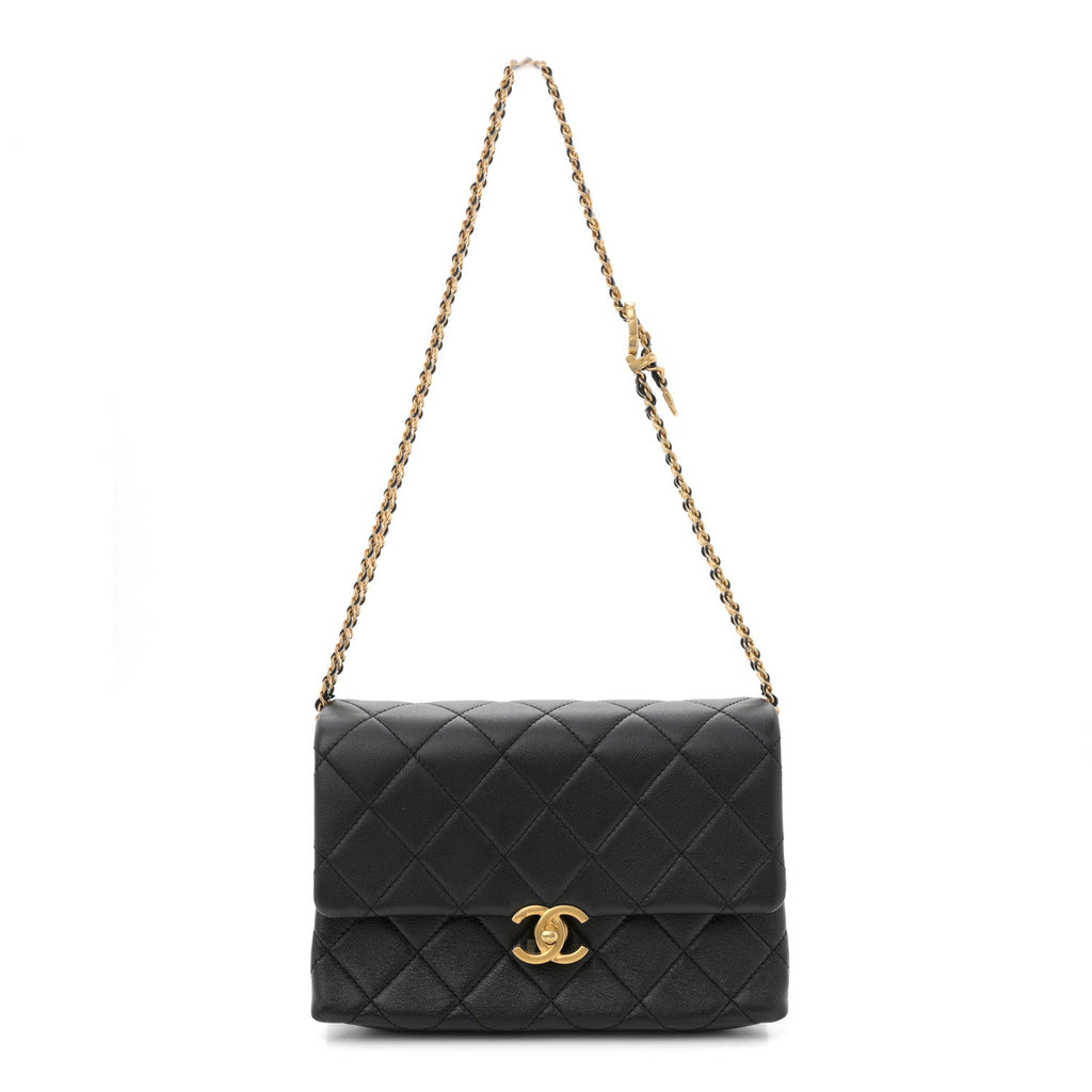 Calfskin Quilted Belt Chain Flap Black