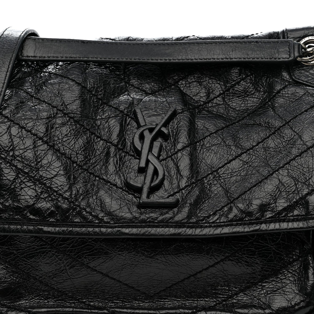 Crinkled Calfskin Matelasse Monogram Medium Niki Chain Satchel Black
