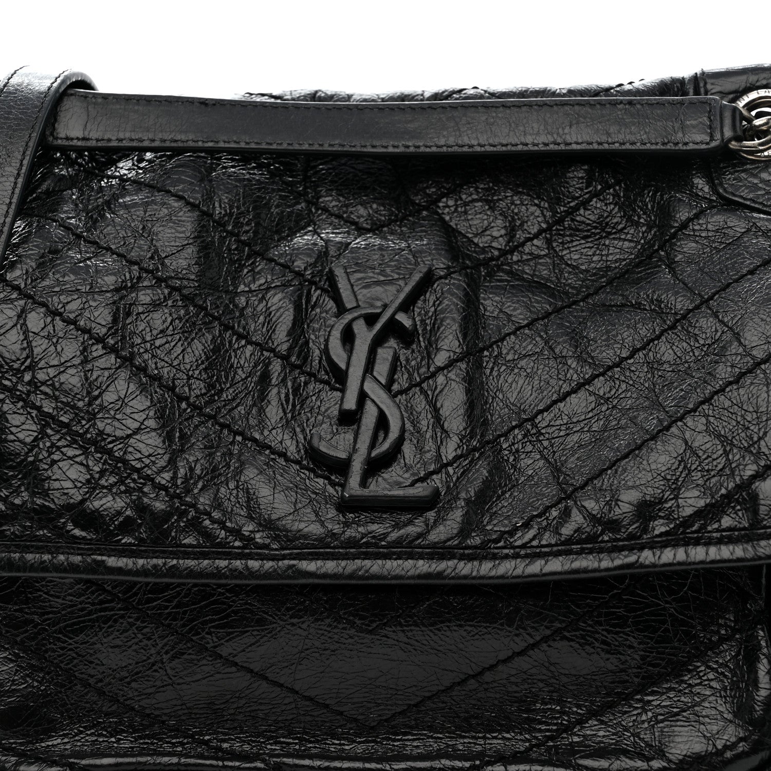Crinkled Calfskin Matelasse Monogram Medium Niki Chain Satchel Black