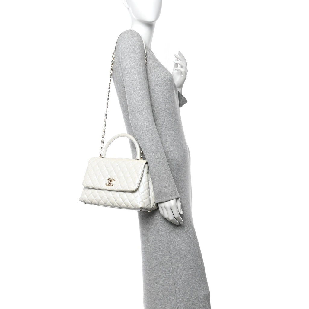 Iridescent Caviar Quilted Small Coco Handle Flap White