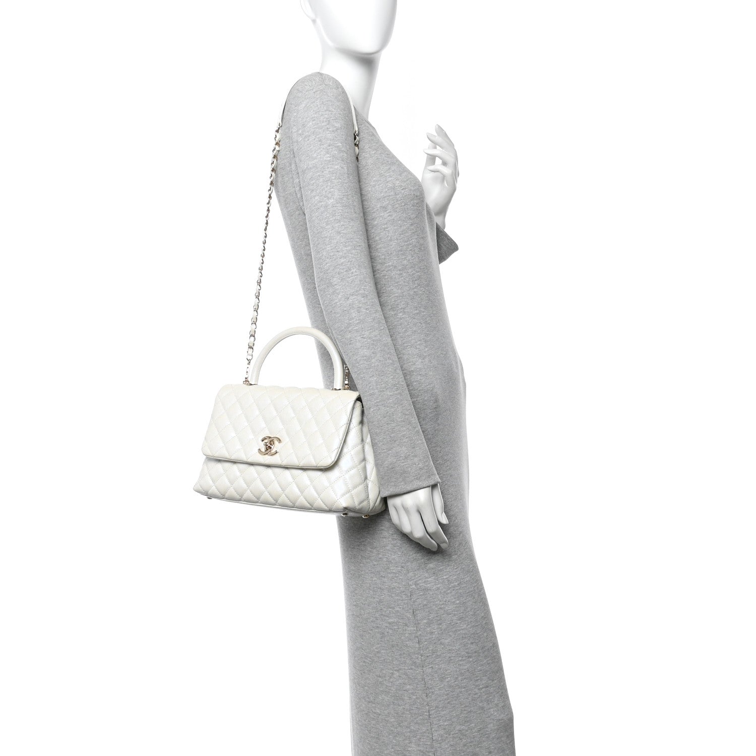 Iridescent Caviar Quilted Small Coco Handle Flap White
