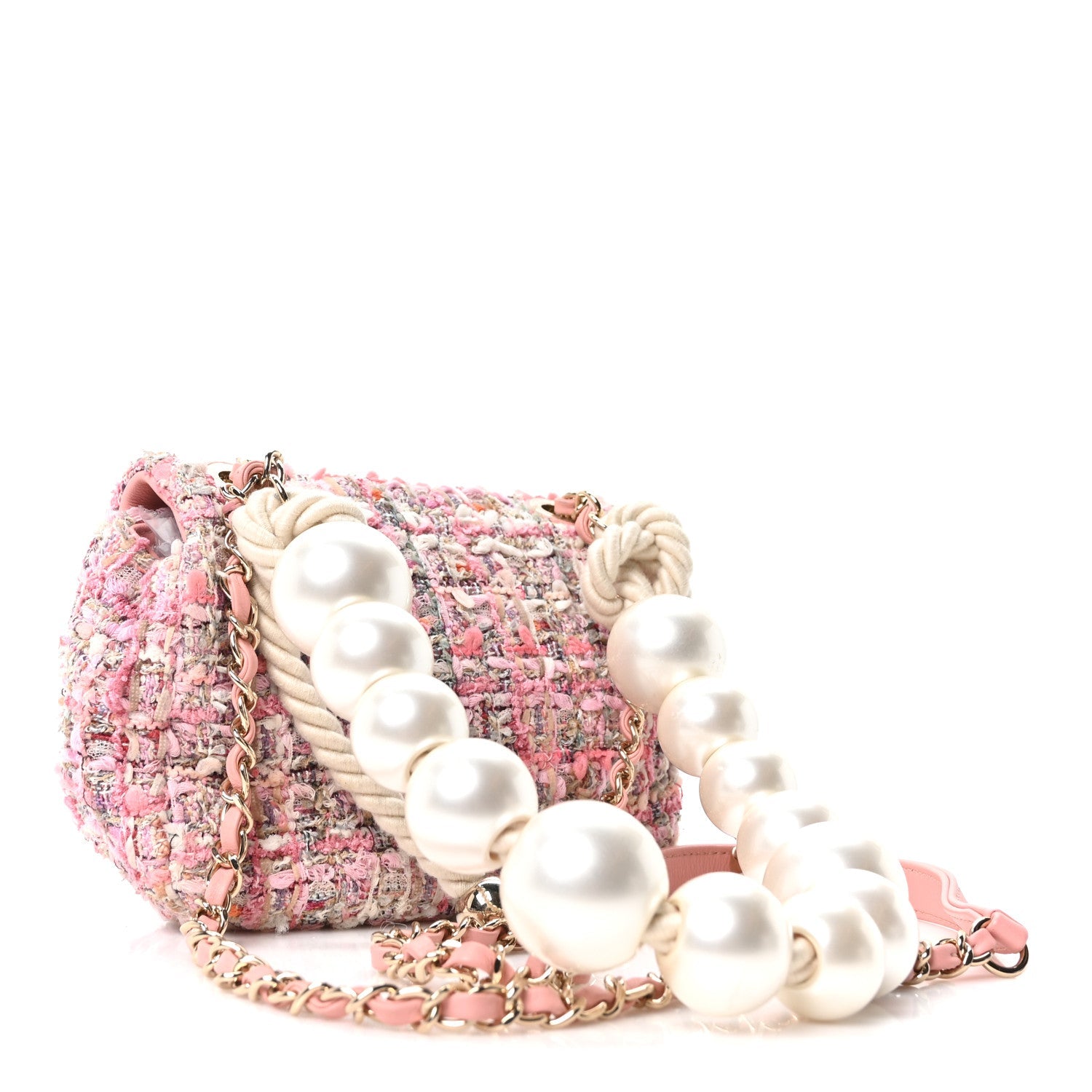 Tweed Mini Pearl Handle Flap Pink Beige Orange Ecru