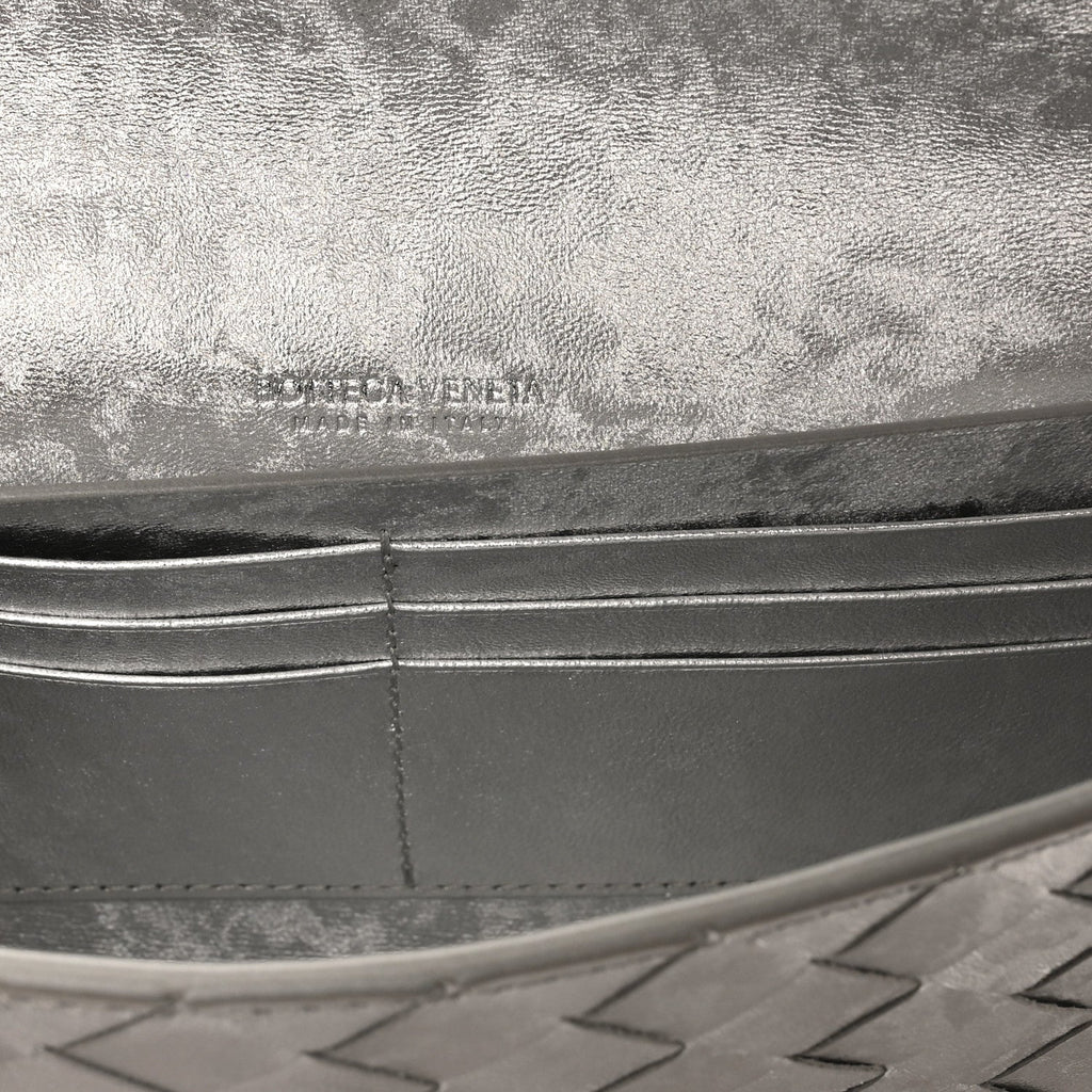 Metallic Lambskin Intrecciato Long Andiamo Top Handle Clutch Silver