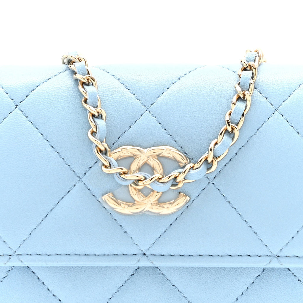 Lambskin Quilted Chain Around Coin Purse With Chain Light Blue