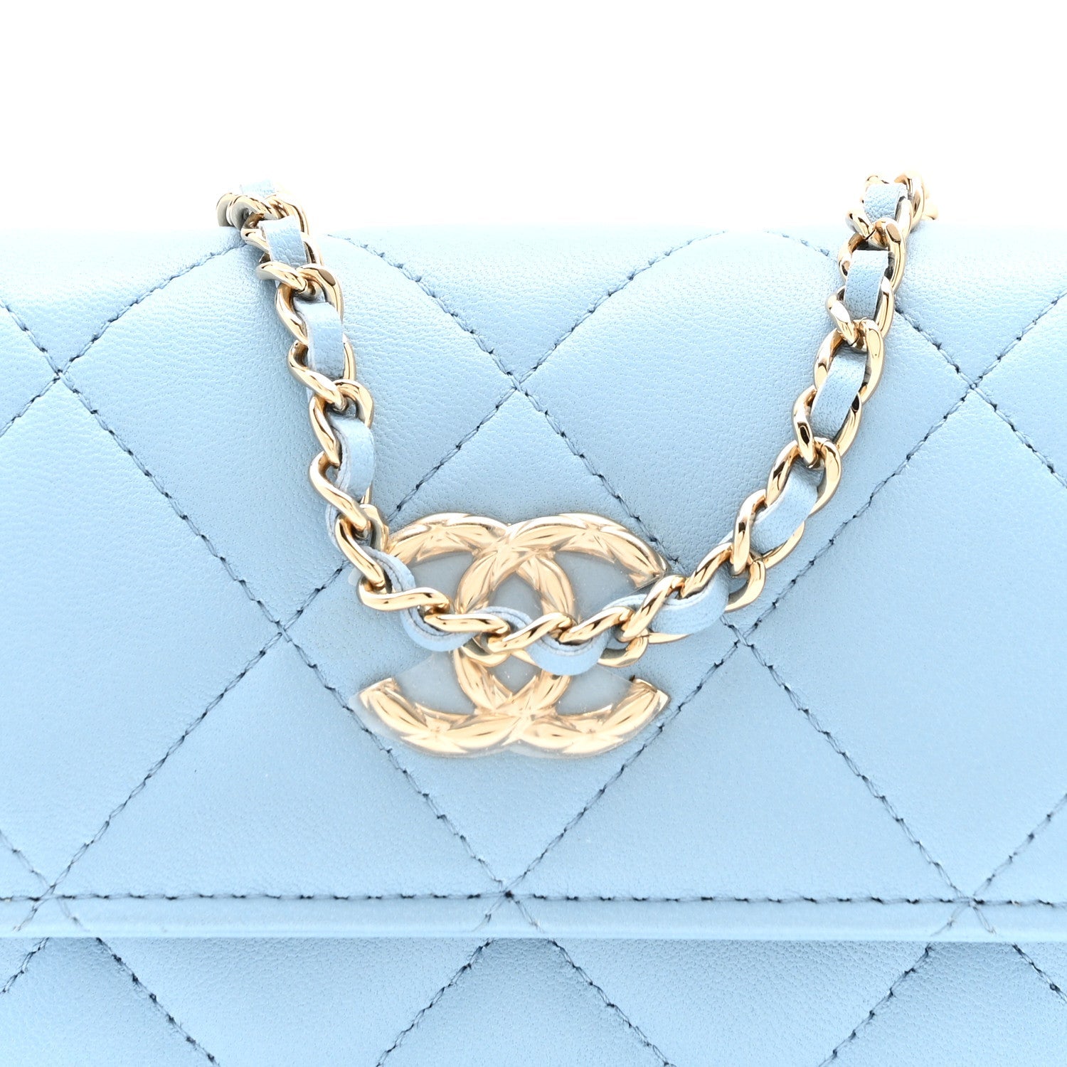 Lambskin Quilted Chain Around Coin Purse With Chain Light Blue