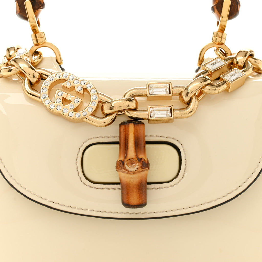 Patent Crystal Mini Bamboo 1947 Top Handle Chain Bag White