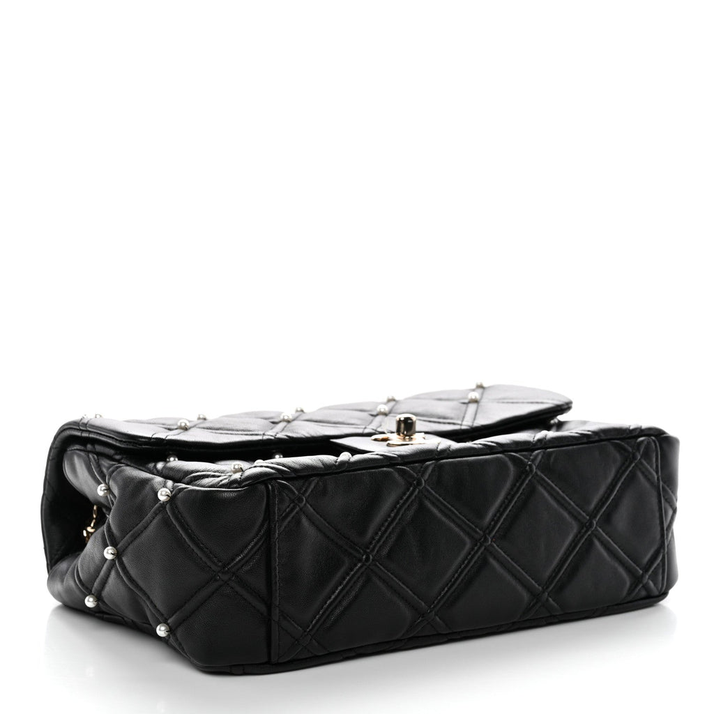 Lambskin Quilted Pearl Studded Flap Black