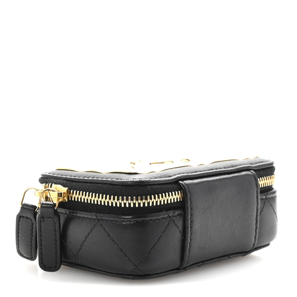Lambskin Metal Quilted Extra Mini Vanity Case With Chain Black Gold