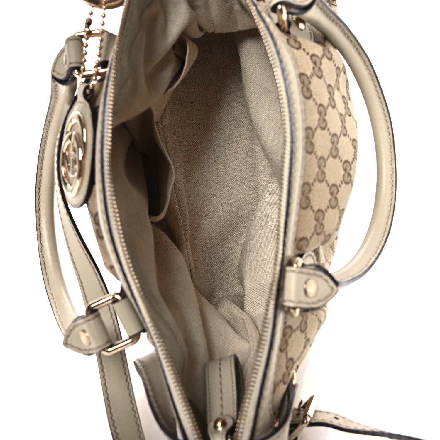 Monogram Margaux Calfskin Medium Sukey Top Handle Bag Beige Ebony Mystic White