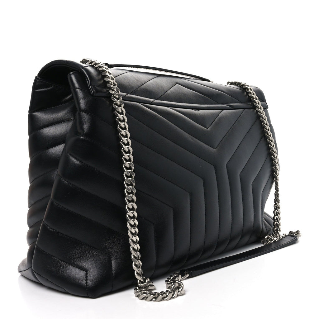 Calfskin Y Quilted Monogram Large Loulou Chain Satchel Black