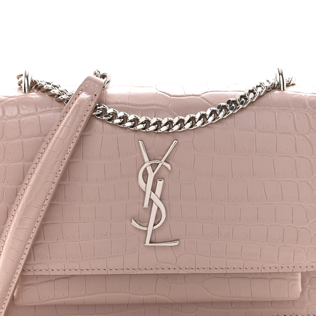 Calfskin Crocodile Embossed Monogram Sunset Chain Wallet Soft Nude