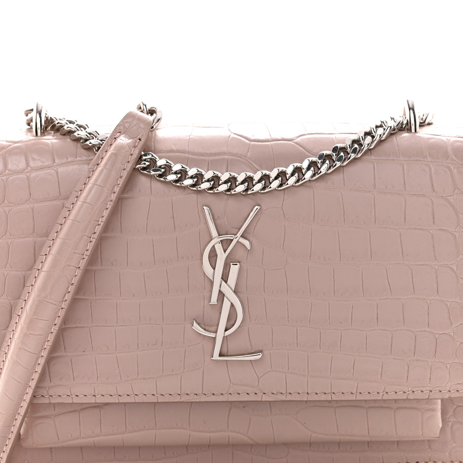 Calfskin Crocodile Embossed Monogram Sunset Chain Wallet Soft Nude