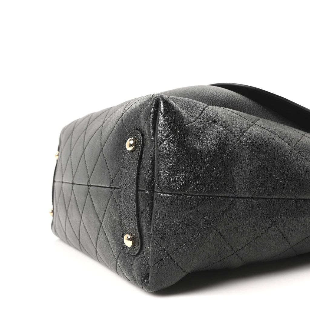 Sheepskin Caviar Quilted Medium Shopping Tote Black
