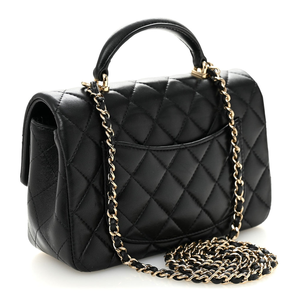 Lambskin Quilted Mini Top Handle Rectangular Flap Black