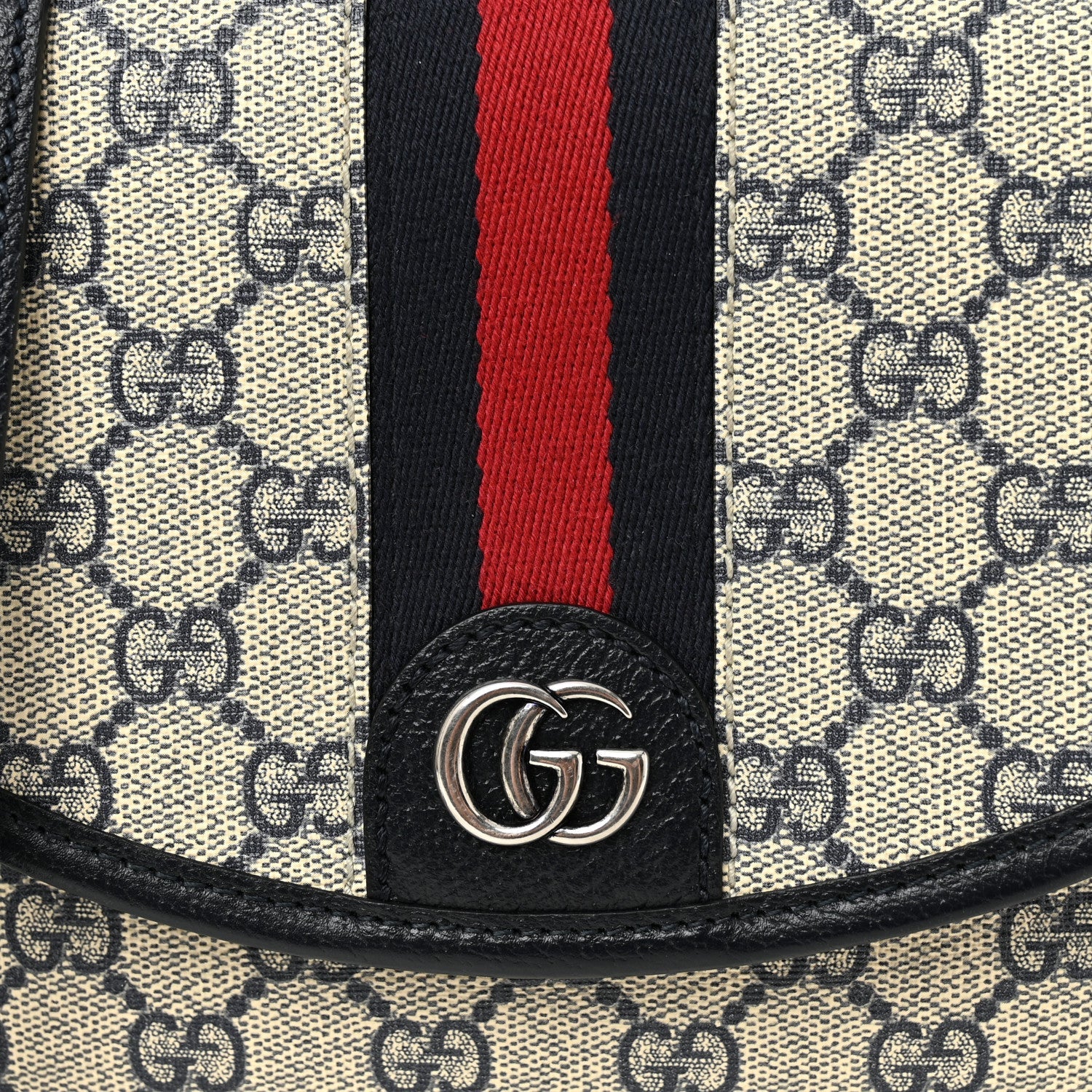 GG Supreme Monogram Textured Dollar Calfskin Web Studded Mini Ophidia Flap Shoulder Bag Beige Blue