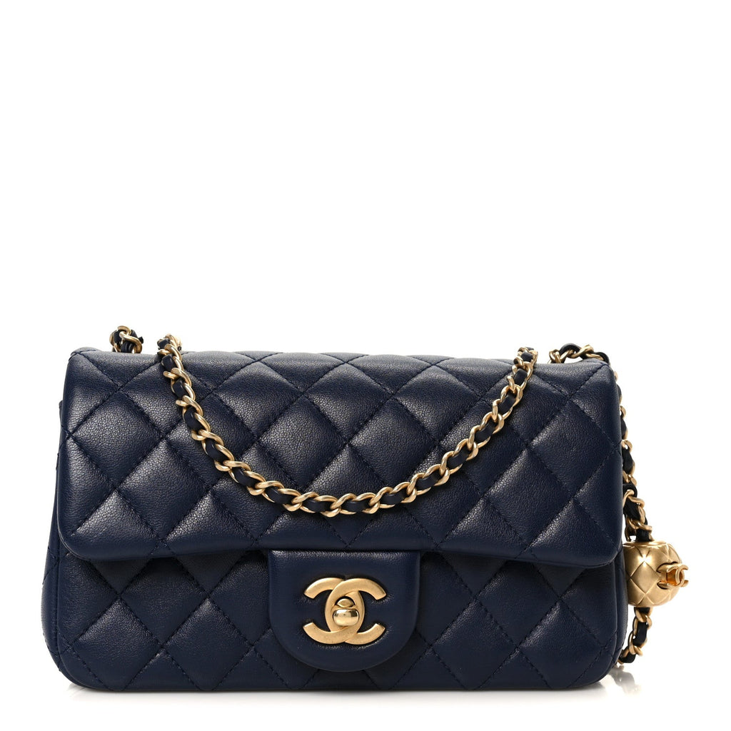 Lambskin Quilted Mini Pearl Crush Rectangular Flap Navy Blue