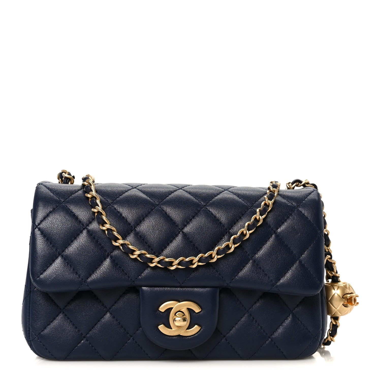 Lambskin Quilted Mini Pearl Crush Rectangular Flap Navy Blue