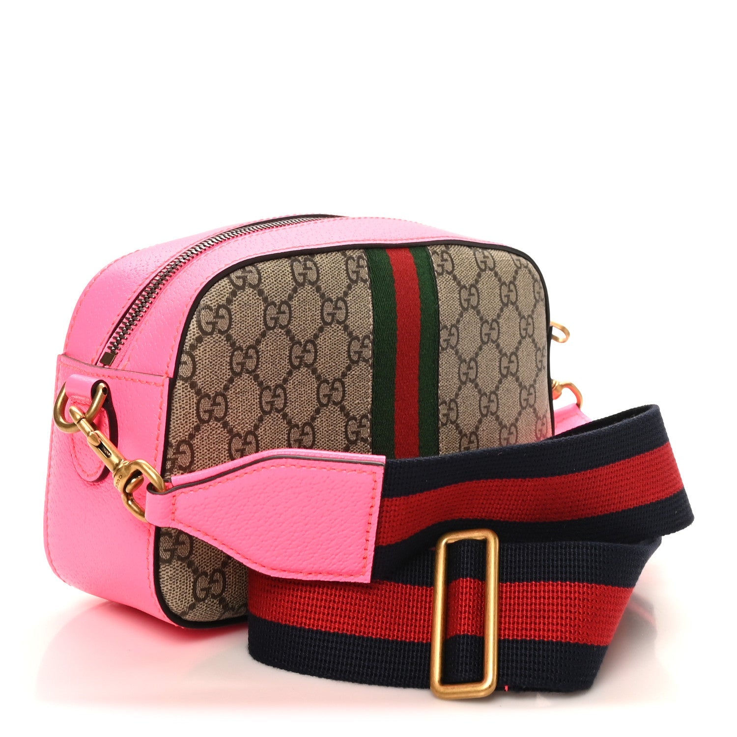 GG Supreme Monogram Textured Dollar Calfskin Web Ophidia Small Crossbody Bag Beige Ebony Fuchsia