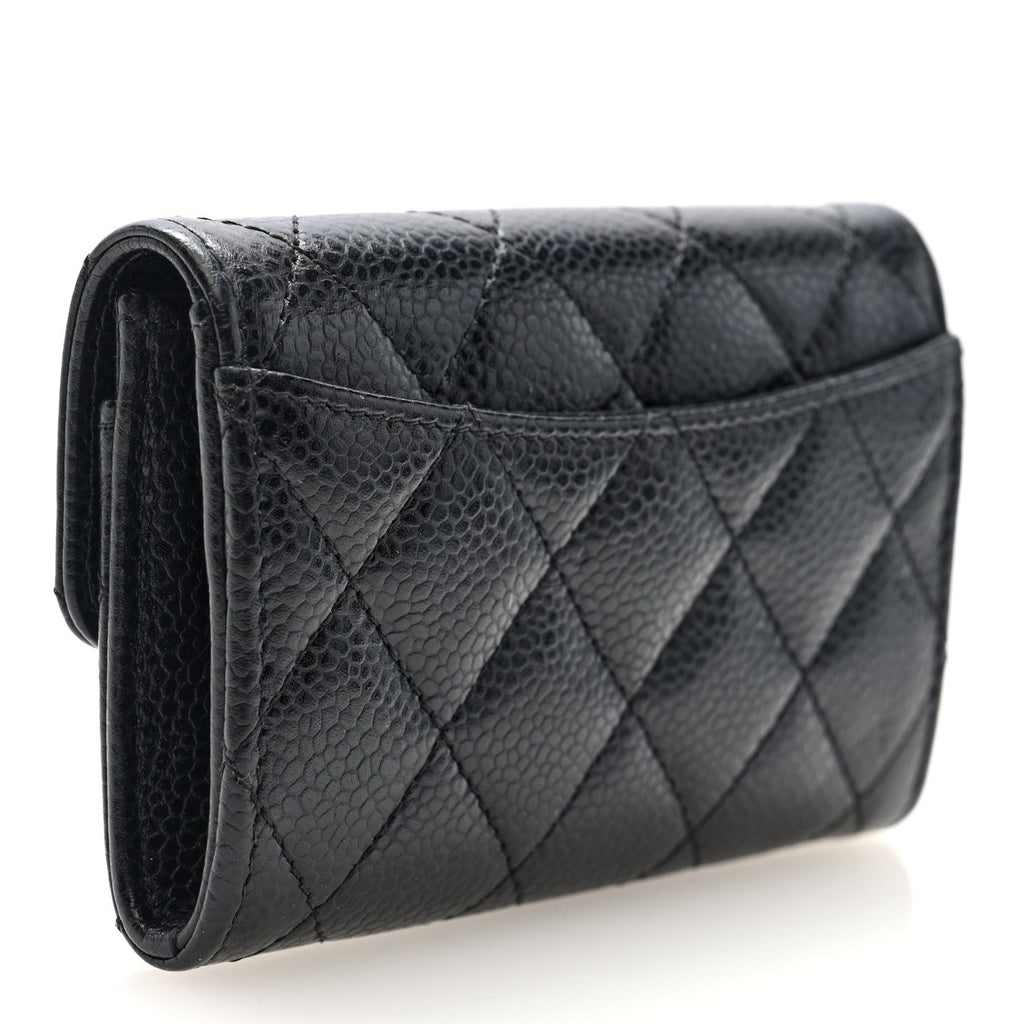 Caviar Quilted Flap  Holder Wallet Black