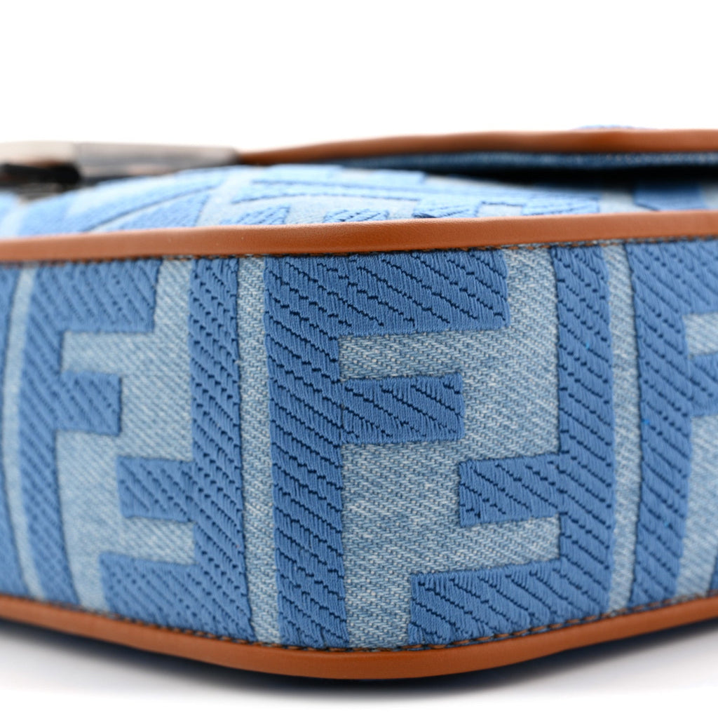 Denim Vitello King FF Embroidered Baguette Denim Chiaro Brandy