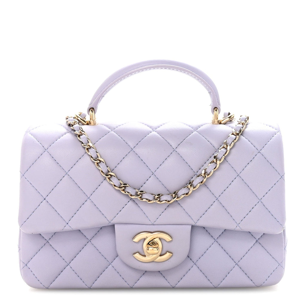Lambskin Quilted Mini Top Handle Rectangular Flap Light Purple