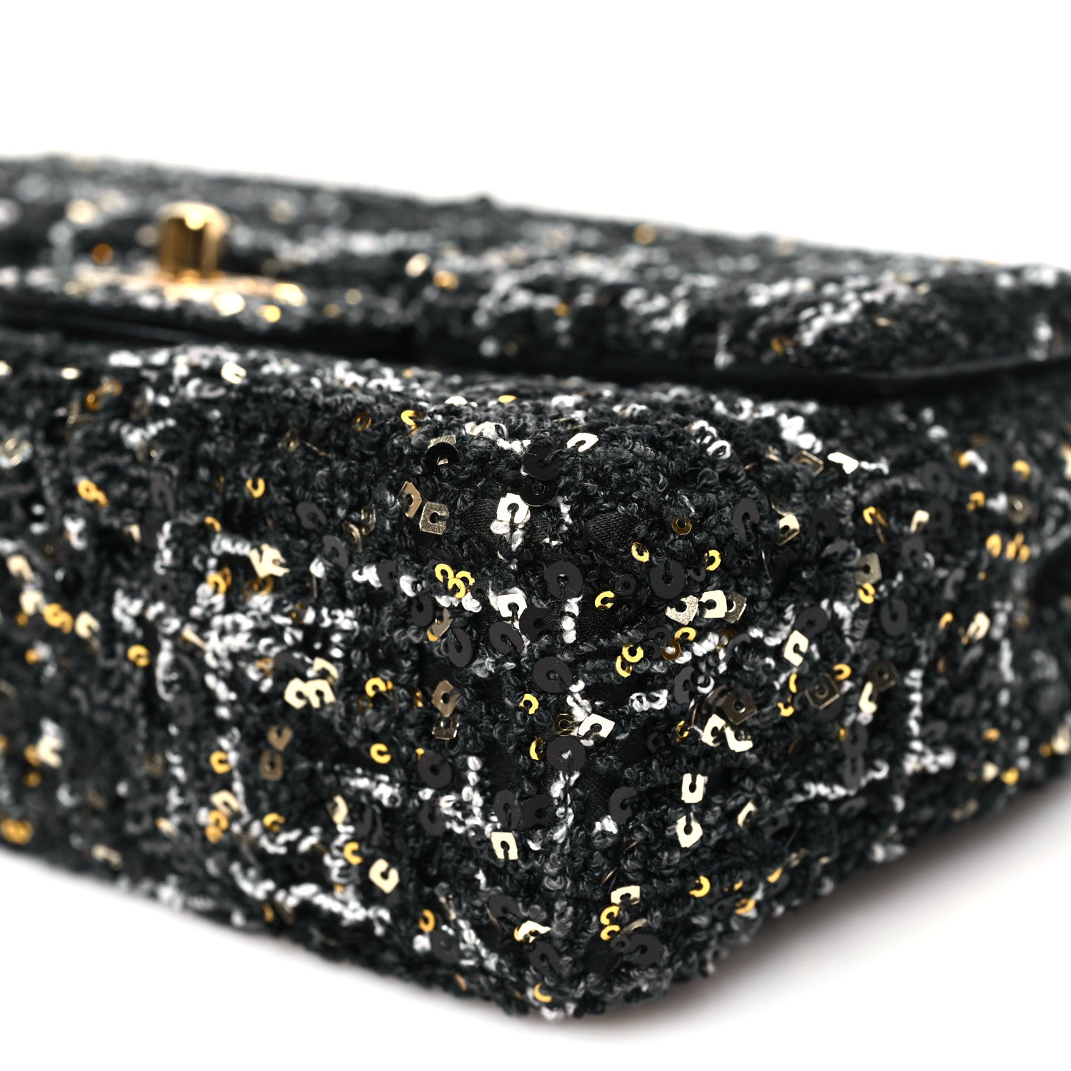 Tweed Sequin Small Single Flap Black Silvery Golden