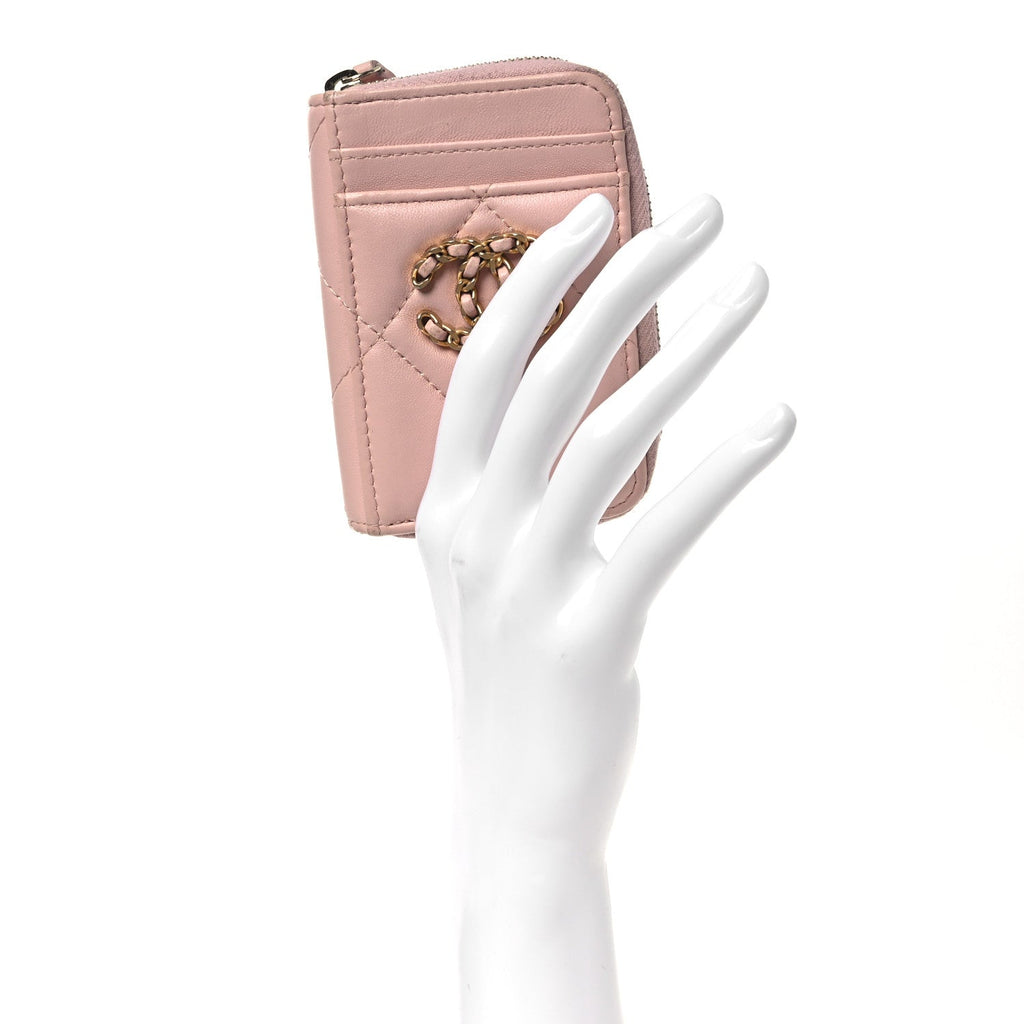 Lambskin Quilted Chanel 19 Vertical Zip  Holder Wallet Light Pink