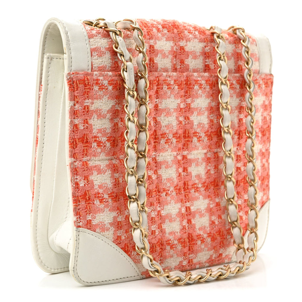 Tweed Calfskin Square Flap Bag Orange White